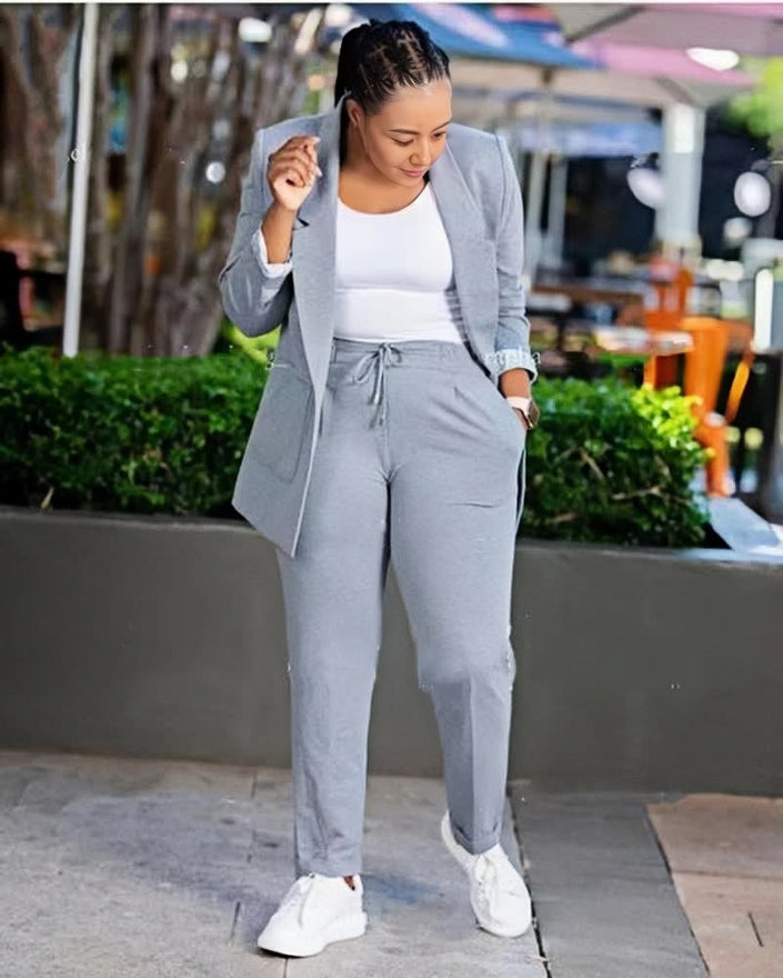 Twin-Set aus Blazer und Hose, graues Anzugset mit Blazer und blickdichter Hose