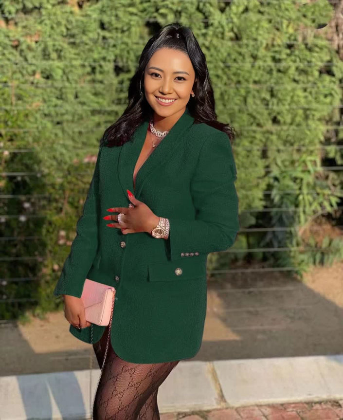 Double-breasted blazer: dark green, notch lapels, button front, tailored fit