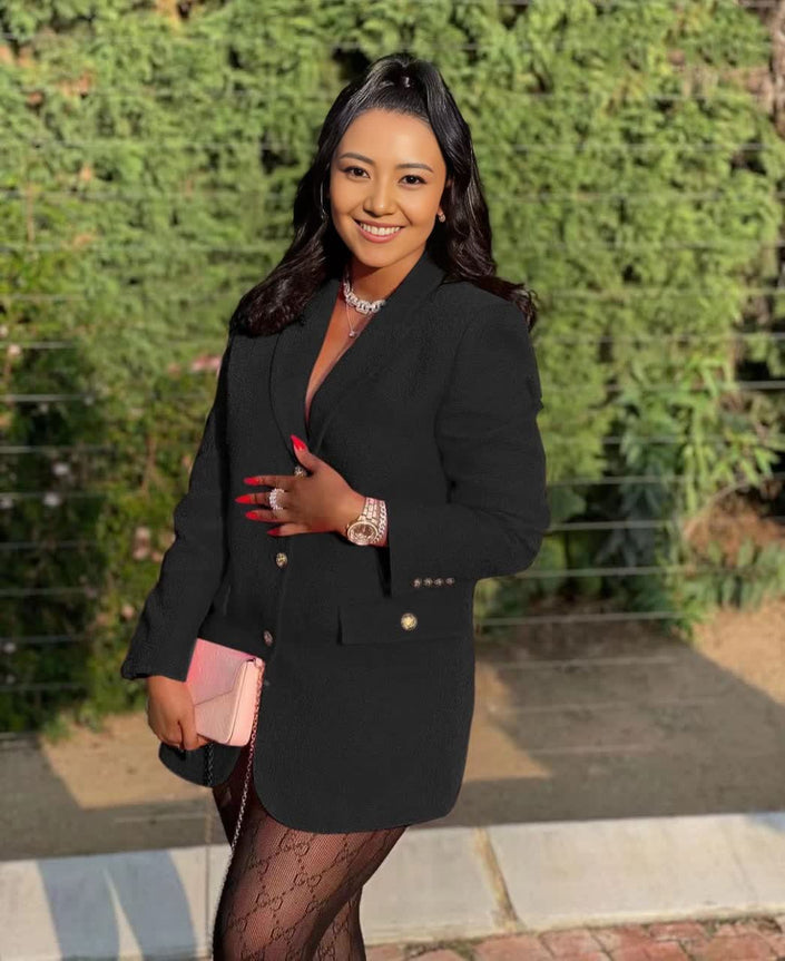 Double-breasted blazer: black, notch lapels, gold-tone button detail, tailored fit
