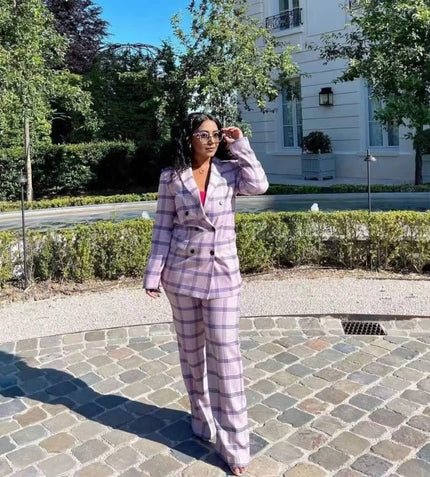 Suit Set Plaid Double-Breasted Chic Formal Outfit