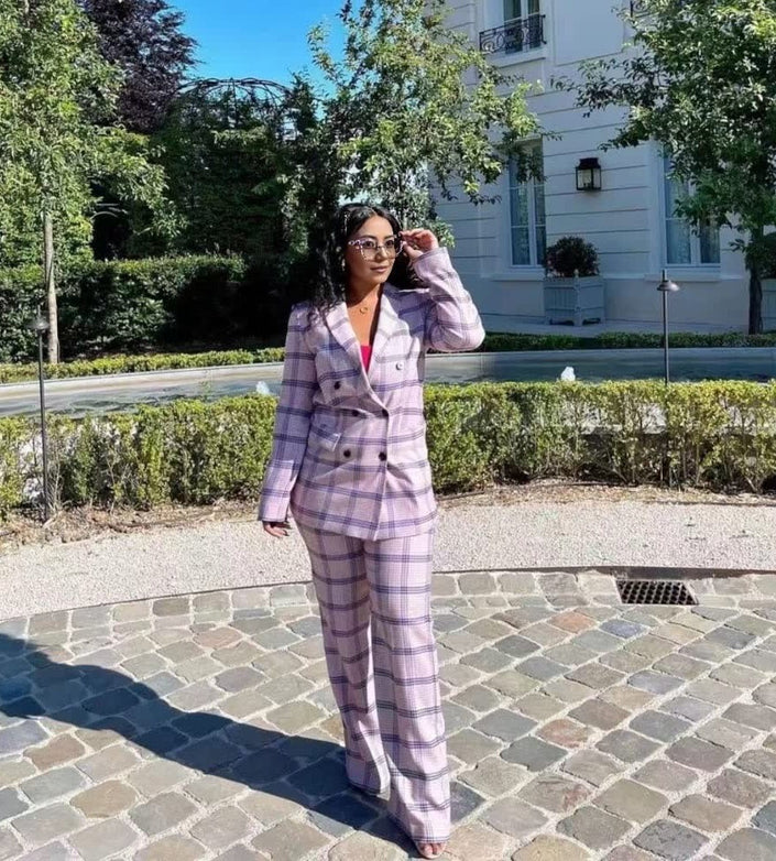 Lilac plaid twin set: double-breasted blazer and matching trousers