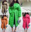 Quilted belted coat, long lime-green padded coat with tie waist