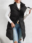 Black sleeveless puffer vest with high collar, button front and side pockets