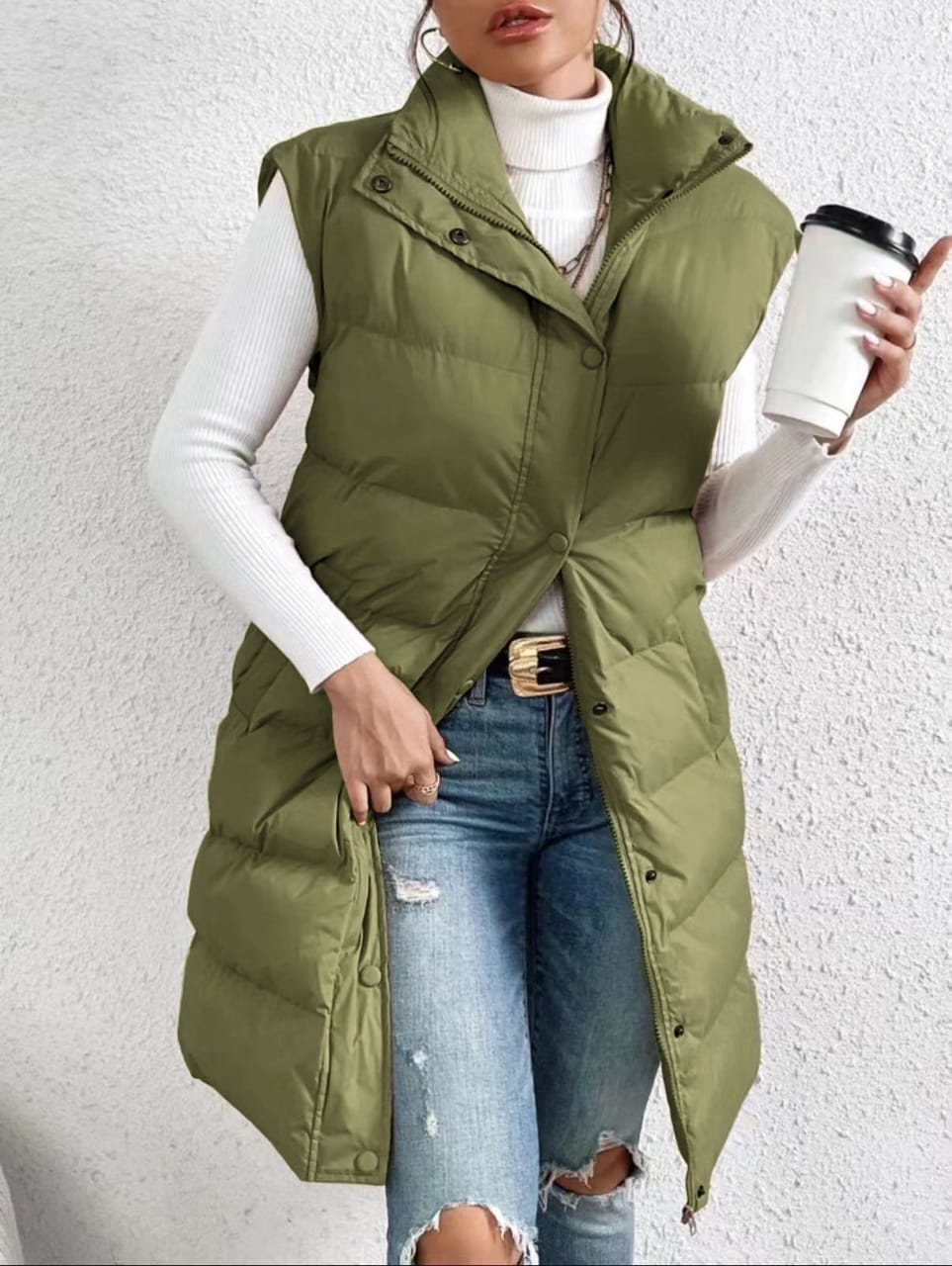 Olive sleeveless puffer vest with high collar, button front and side pockets