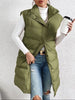 Olive sleeveless puffer vest with high collar, button front and side pockets