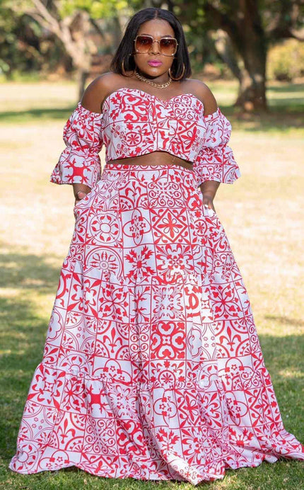 Printed off-shoulder twin set with matching maxi skirt, pink and white