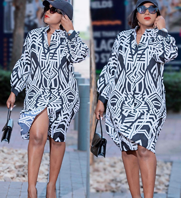 Collared Long Sleeve Button-Down Shirt Dress with Abstract Design