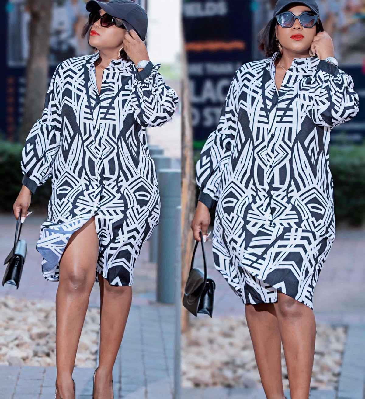 Abstract print shirt dress with puff sleeves, collared button-front, black and white, side slit