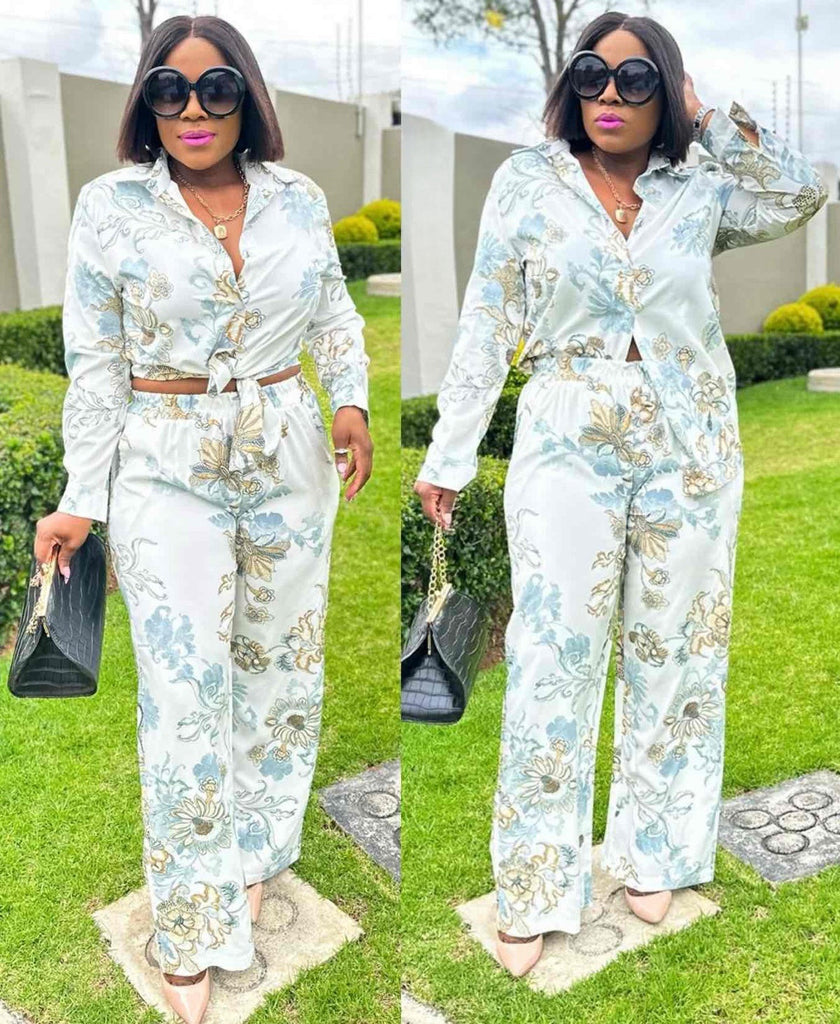 Light blue floral long-sleeve V-neck shirt and wide-leg trouser set