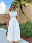 White sleeveless high-neck A-line midi dress with waist cut-out and gathered waist