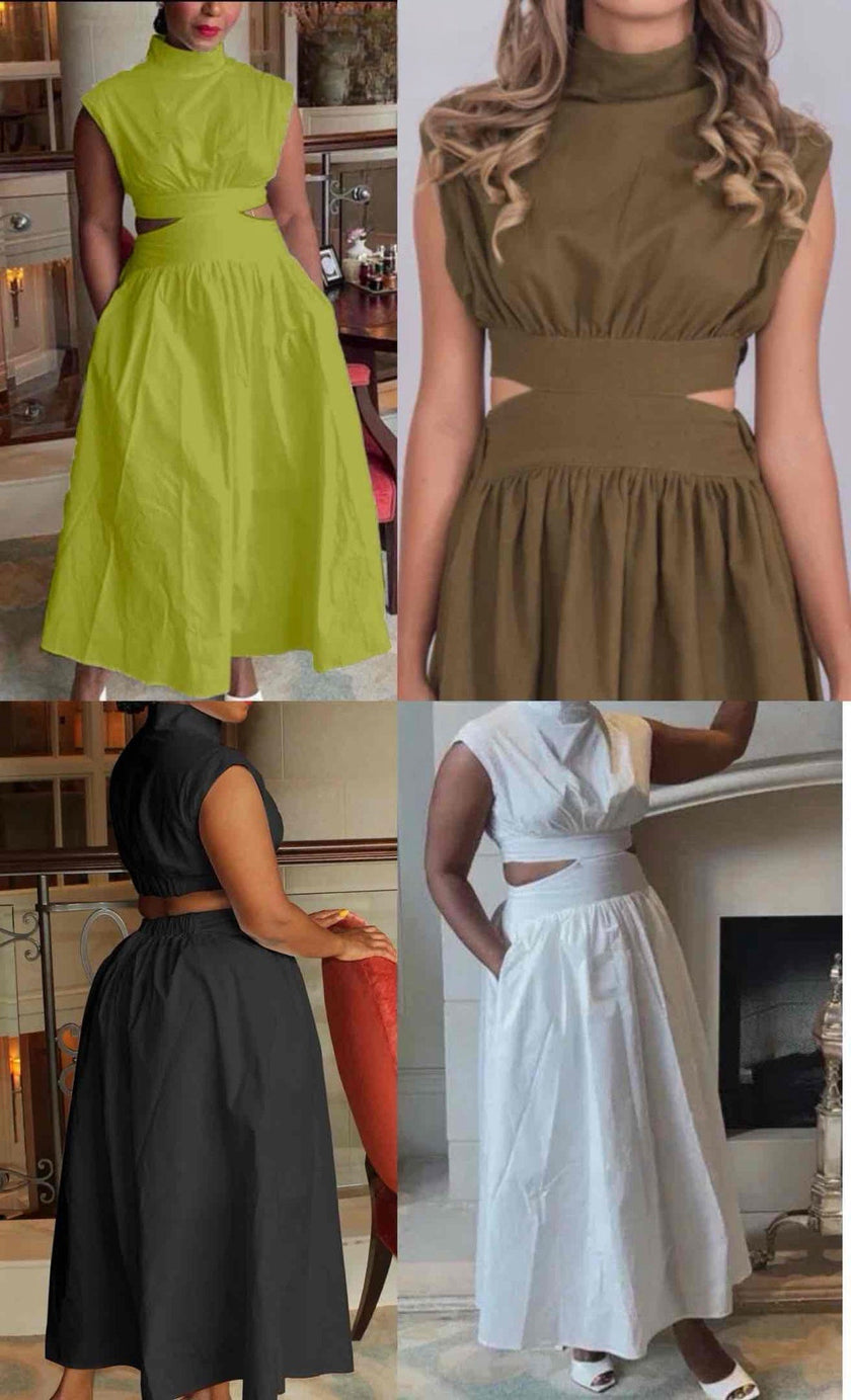 A-line midi dress with waist cut-out in white, green-yellow, brown, and black