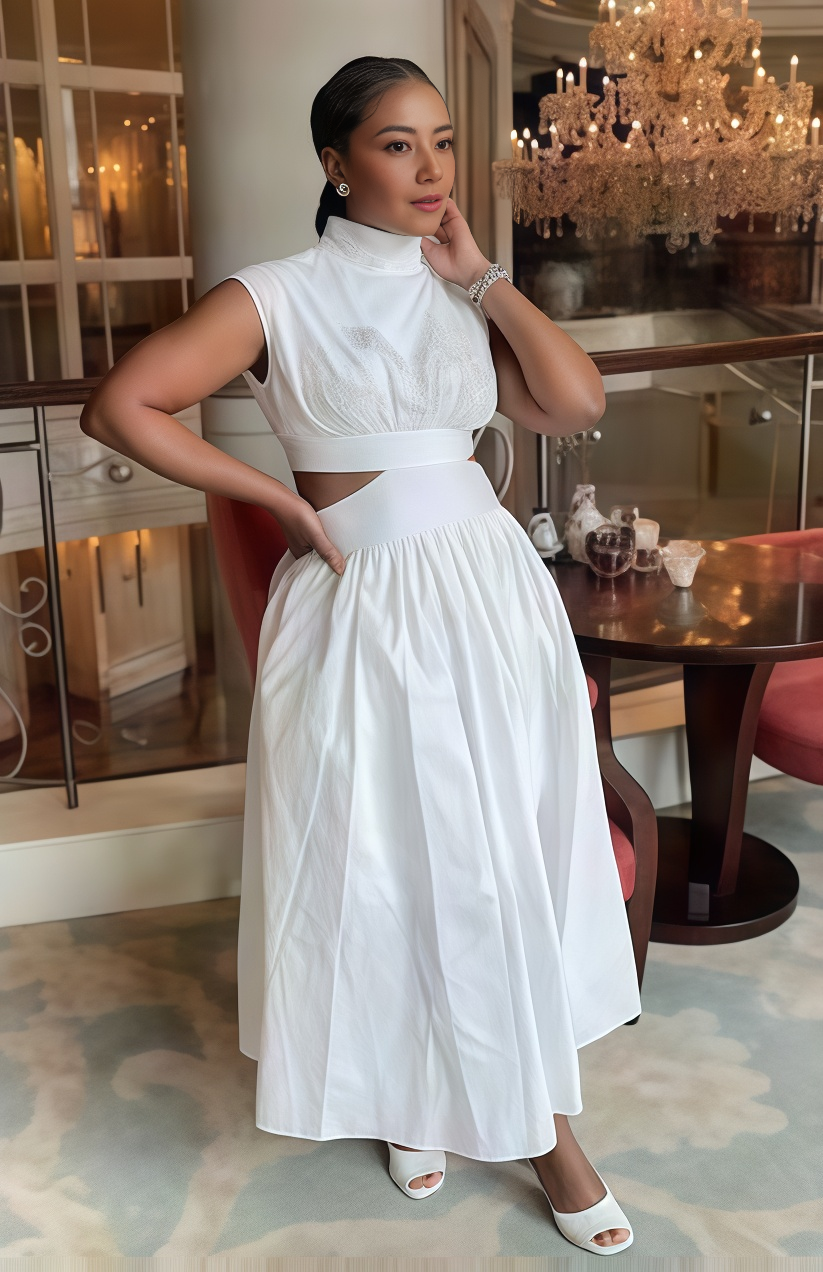 White sleeveless high-neck midi dress with waist cut-out, fitted bodice and full skirt
