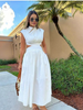 White sleeveless high-neck A-line midi dress with waist cut-out, pleated bodice