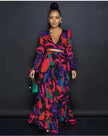 Long-Sleeve V-Neck Wrap Maxi Dress with Ruffle Detailing and Abstract Print