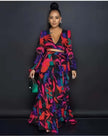 Ruffle sleeve maxi dress with V-neck and bold abstract floral print