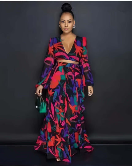 Abstract print maxi dress with ruffled V-neck and long sleeves