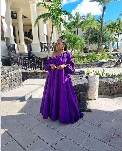 Purple off-shoulder maxi dress with loose fit and gathered sleeves