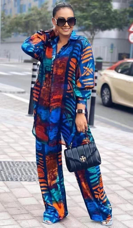 Abstract printed twin set—blue/orange flowy shirt and matching wide-leg pants