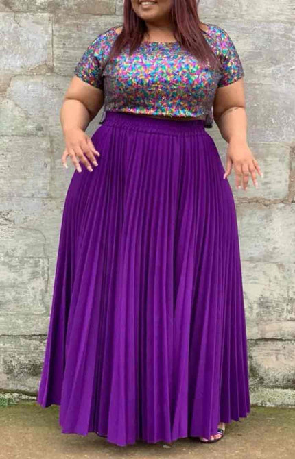 Purple pleated maxi skirt with multicolor sequin short-sleeve top