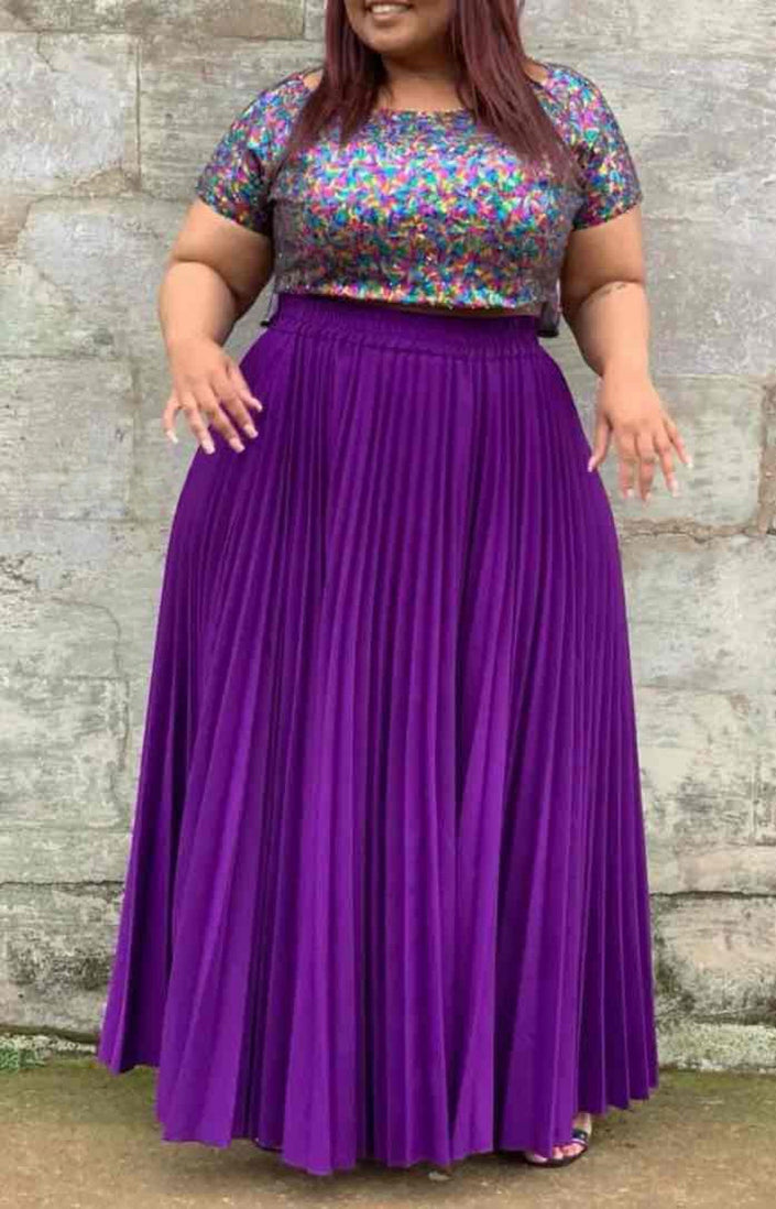 Purple pleated maxi skirt with multicolor sequin short-sleeve top