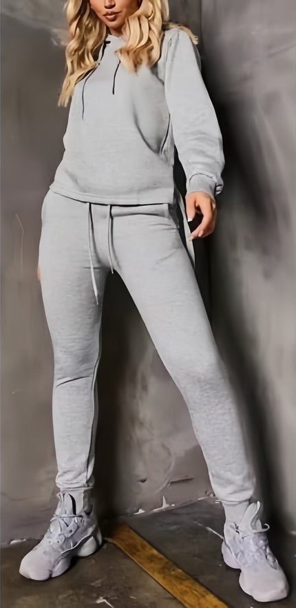 Grey hoodie with adjustable drawstring, matching jogger pants set