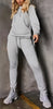 Gray hoodie and jogger set with adjustable hood and drawstring waist