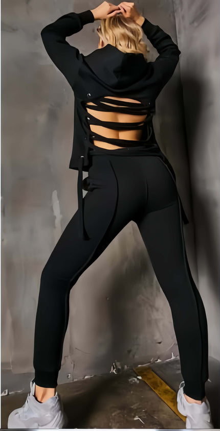 Black hoodie and jogger set with long sleeves and drawstring hood