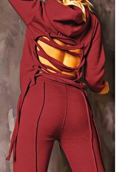 Maroon hooded hoodie and jogger pants set with lace-up back straps