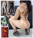 Beige hoodie and jogger set with crisscross lacing back and drawstring waist