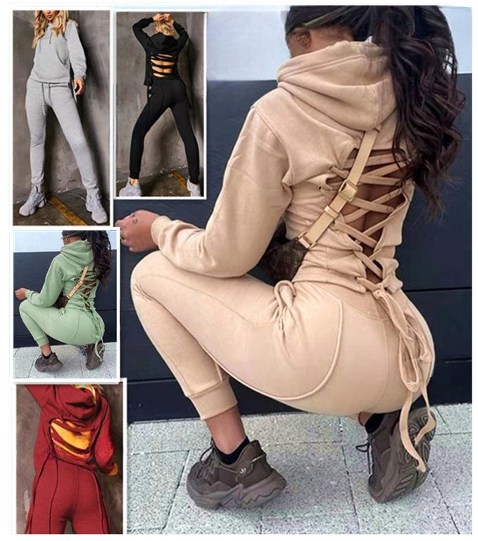 Beige hoodie and jogger set with crisscross lacing back and drawstring waist