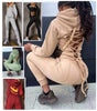 Beige hoodie and jogger set with crisscross lacing back and drawstring waist