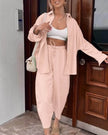 Loose Fit Button-Up Shirt and Drawstring Waist Trousers Two-Piece Set
