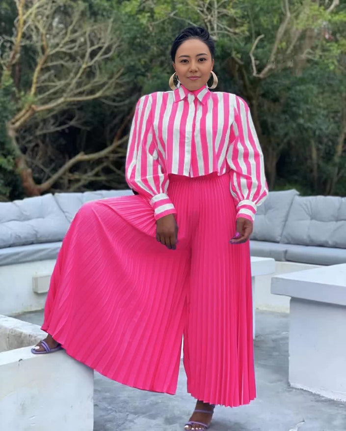 Striped blouse and pleated trousers set, hot-pink