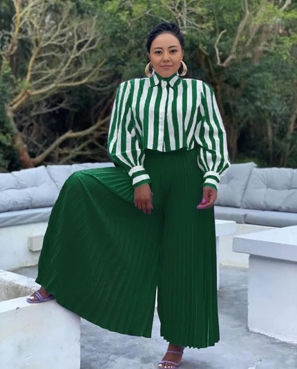 Striped button-front blouse and pleated wide-leg trousers twin set, dark green and white
