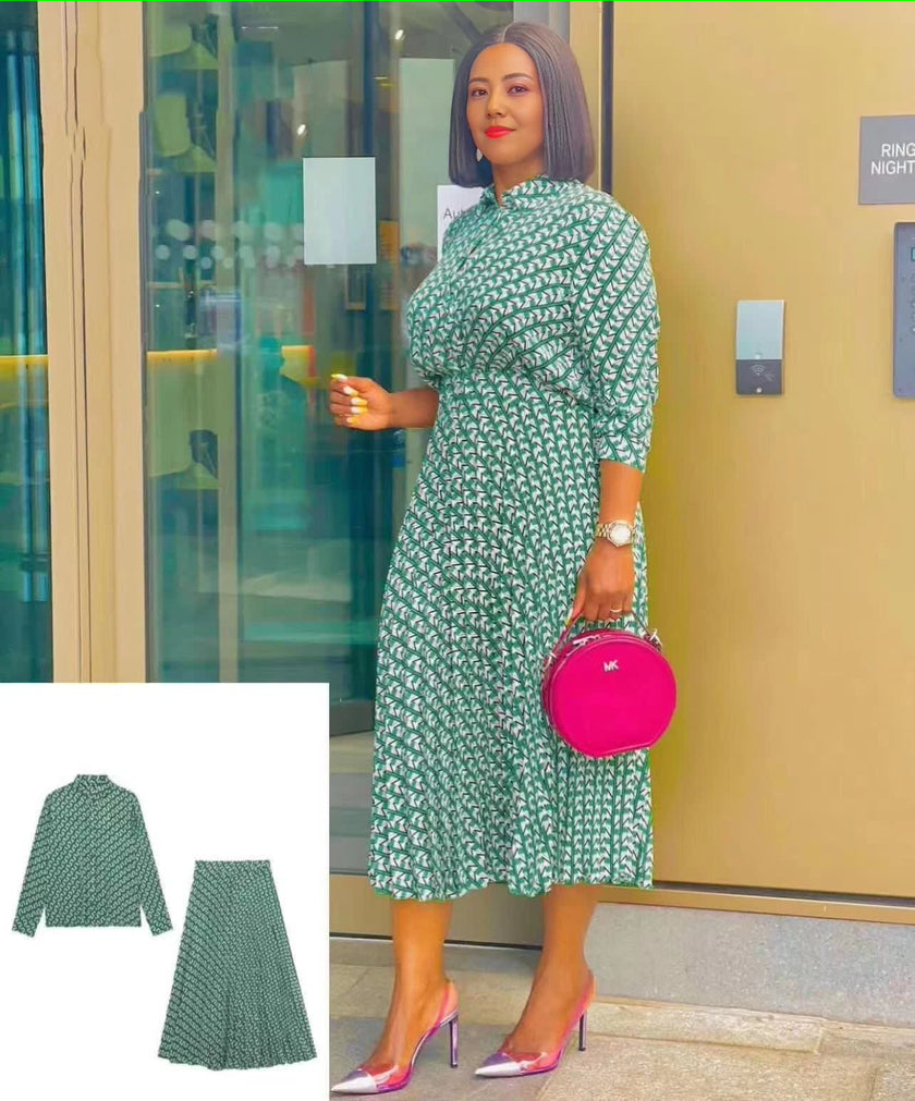 Green printed midi skirt and matching top set, long sleeves