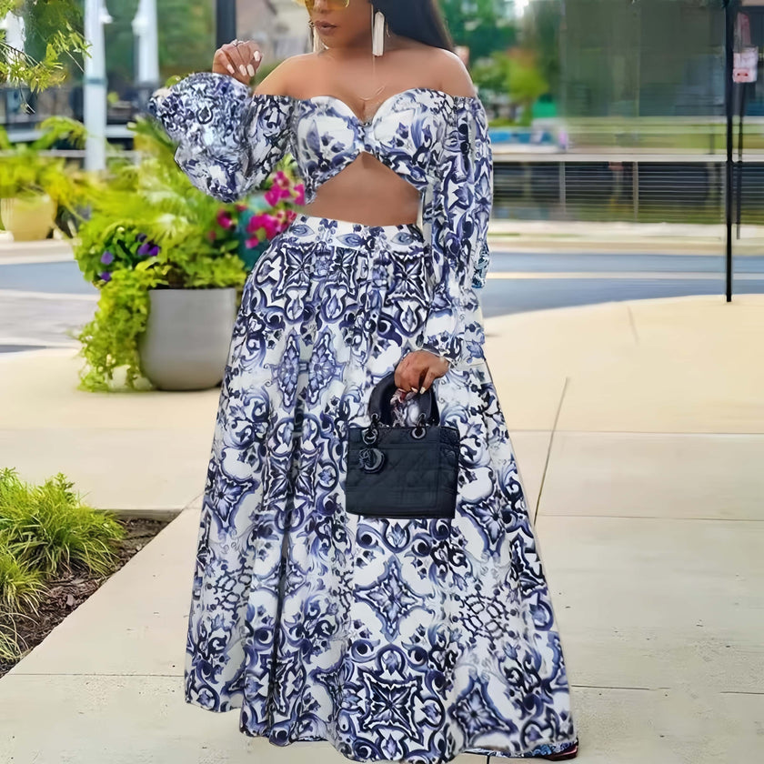 Blue and white printed off-shoulder maxi skirt set with flared skirt