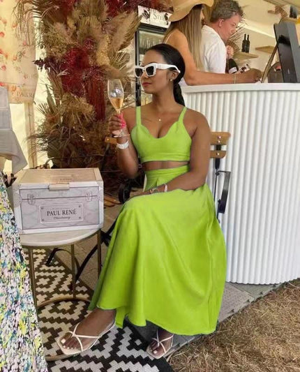 Green-yellow set: square-neck crop top with matching flared midi skirt