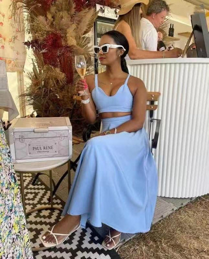 Light-sky-blue set: square-neck crop top and flared midi skirt