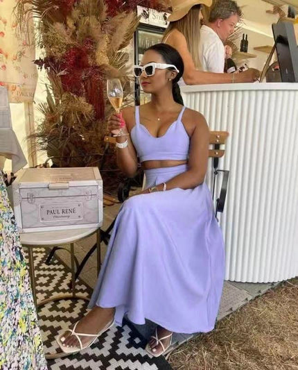 Light-purple set: square-neck crop top with matching midi skirt