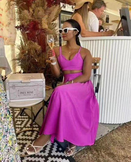 Hot-pink set: square-neck crop top paired with flared midi skirt