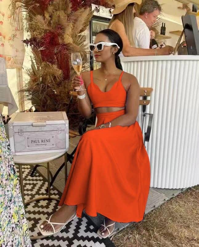 Dark-orange square-neck midi skirt set with matching cropped top
