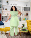 Light-green pleated top and wide-leg trousers twin set, adjustable waist tie