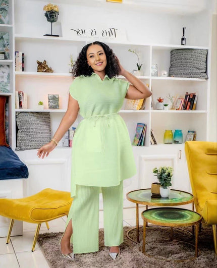 Light-green pleated twin set top with adjustable waist and matching wide-leg pants