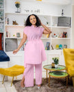 Light-pink pleated top and wide-leg trousers twin set, adjustable waist tie