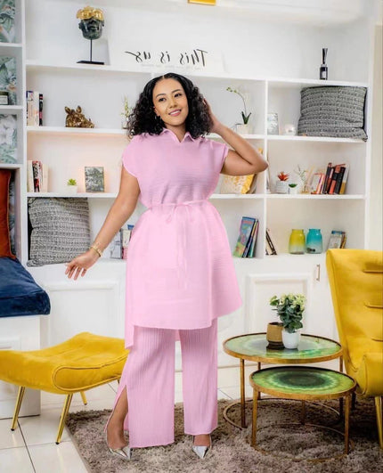 Light-pink pleated twin set top with adjustable waist and matching wide-leg pants