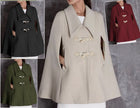 Beige cape coat with V-neck and front toggle closure, short sleeves