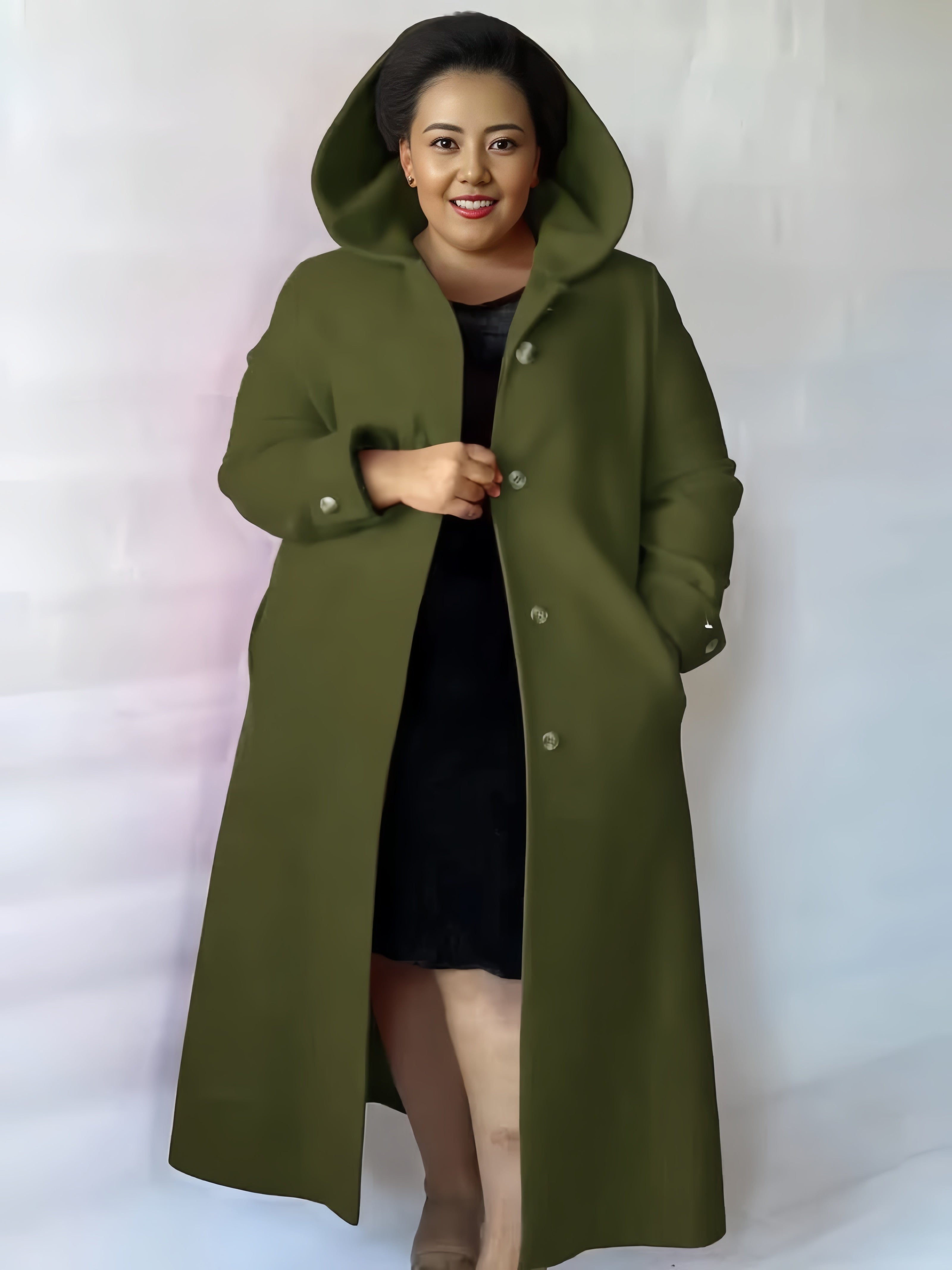 Knee-length hooded coat in dark olive green with button front, long sleeves, side pockets