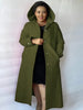 Knee-length hooded coat in dark olive green with button front, long sleeves, side pockets