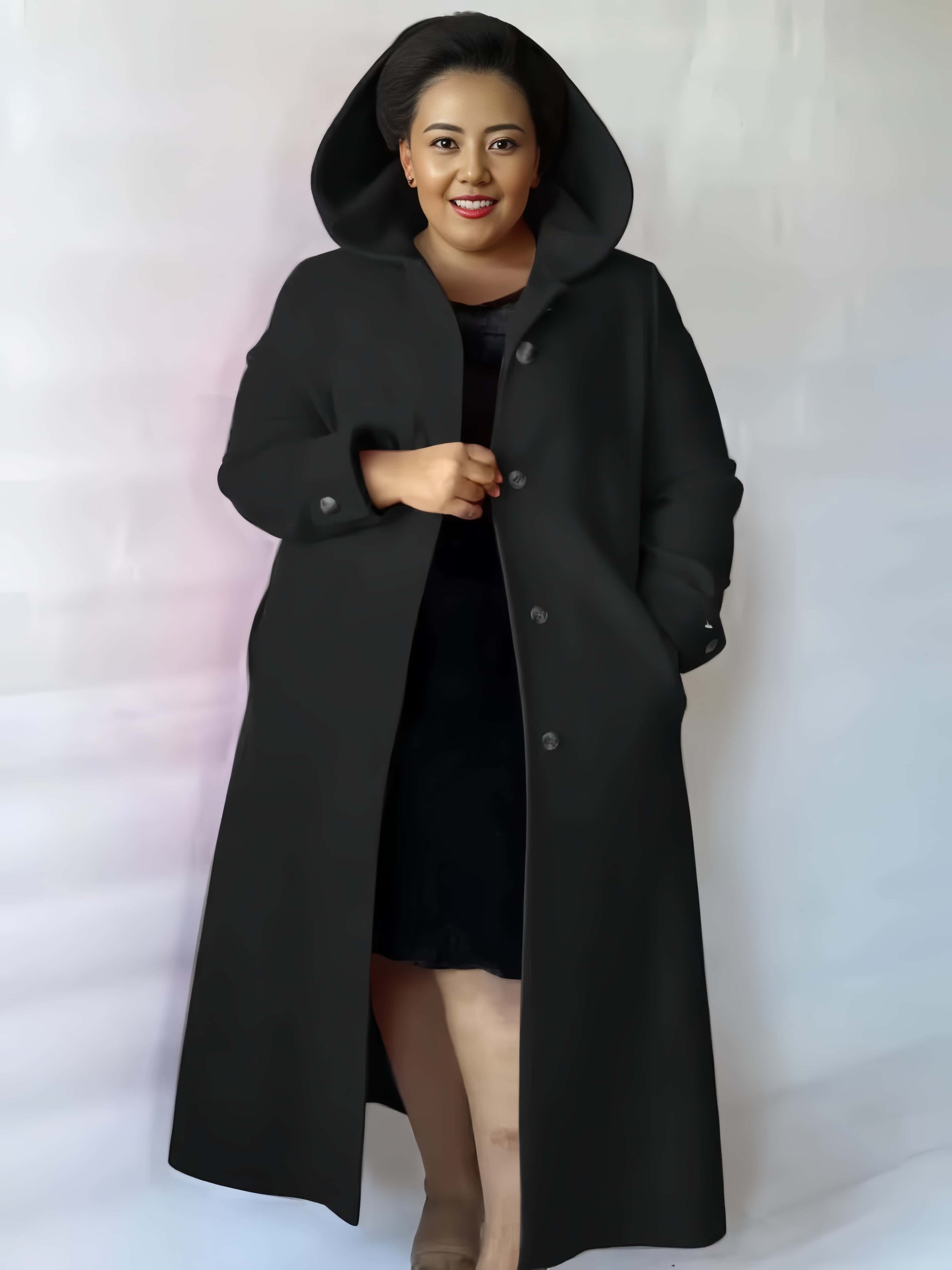 Knee-length hooded coat in black with button front, long sleeves, and side pockets