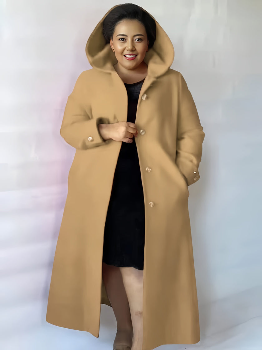 Knee-length hooded coat in tan with button front, long sleeves, and side pockets
